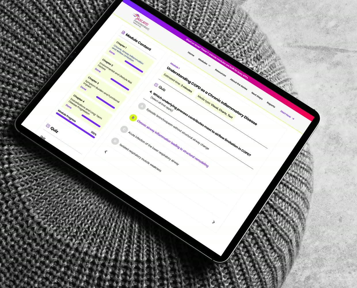 An end-of-module quiz on a tablet, with chapter progress alongside it