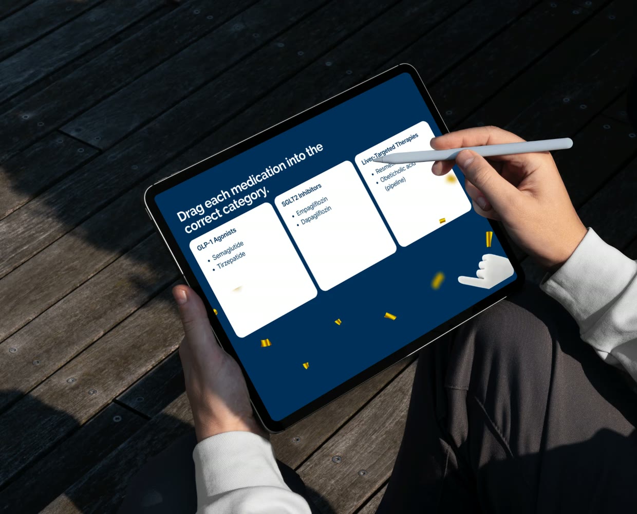 Someone working through the drag-and-match activity on a tablet, sorting medications by category