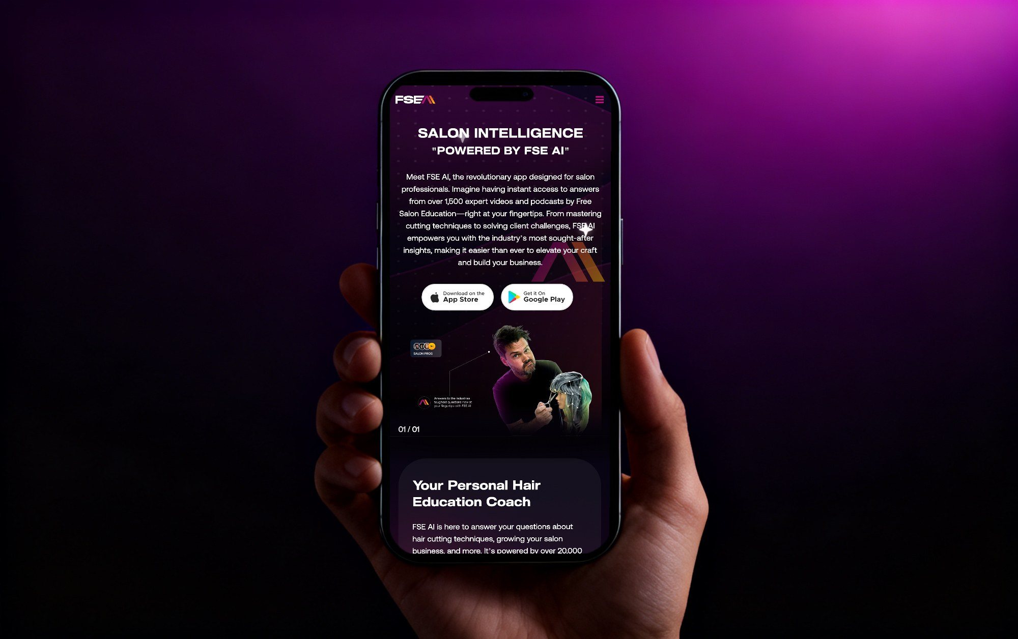 The FSE AI site on a phone held in a hand: Salon Intelligence, powered by FSE AI