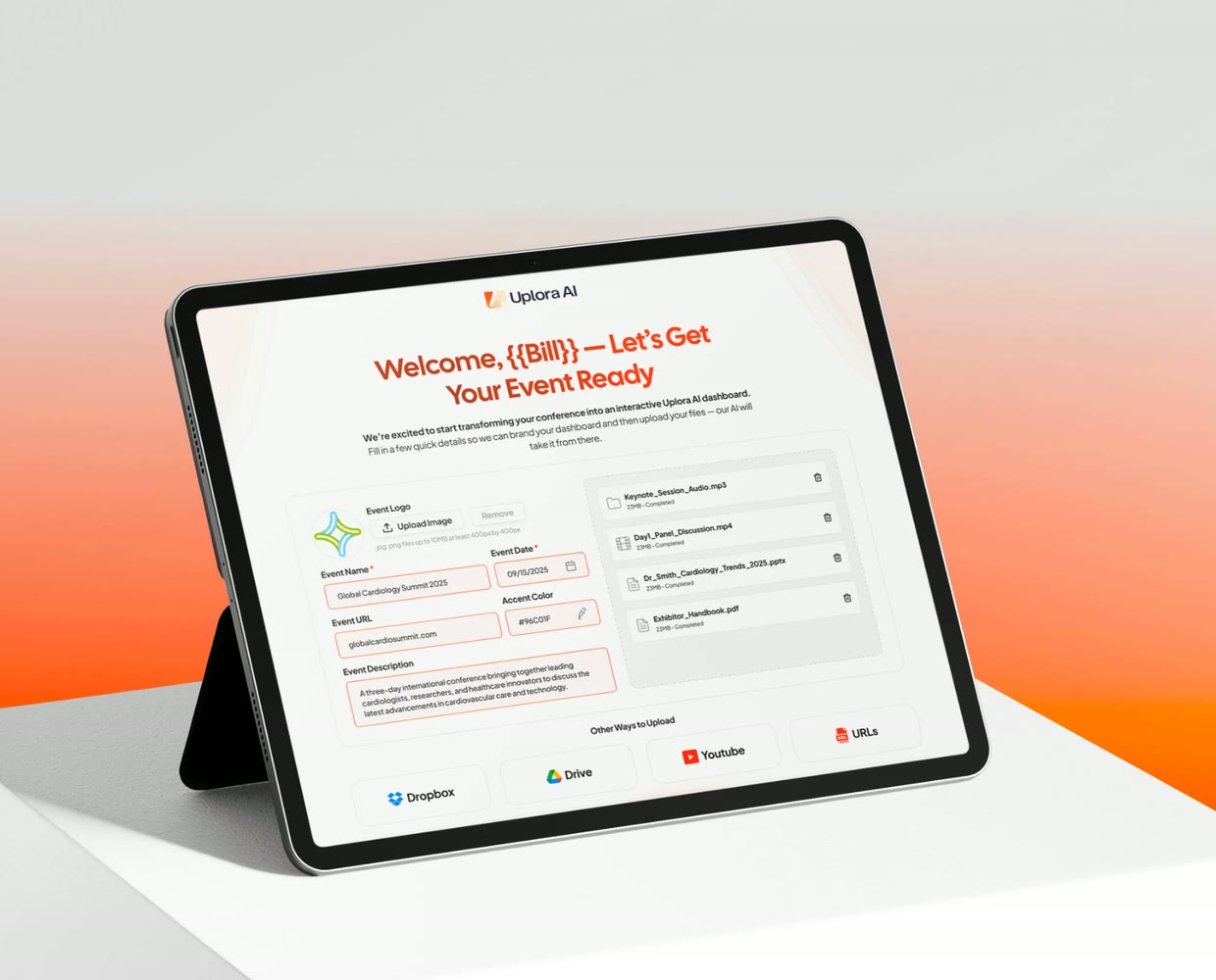 Uplora AI event setup on a tablet: event details alongside the uploaded conference files
