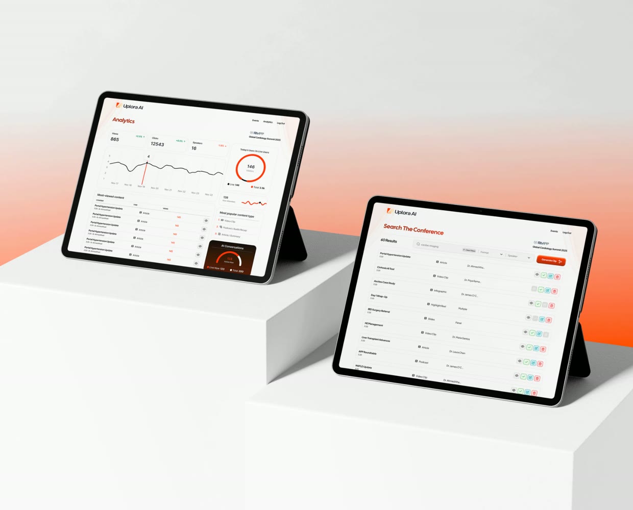Two tablets: the analytics dashboard, and the moderation list for AI-generated snippets